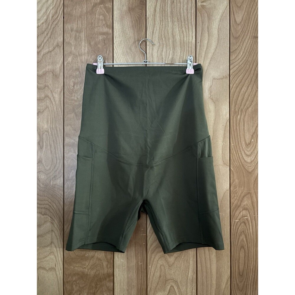Poshdivah Maternity Biker Shorts‎ Olive Green Over Belly Athletic Pockets XL NEW